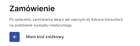 Zrzut ekranu formularza zamówienia z zamkniętym polem kodu rabatowego