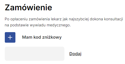 Zrzut ekranu formularza zamówienia z rozwiniętym polem kodu rabatowego